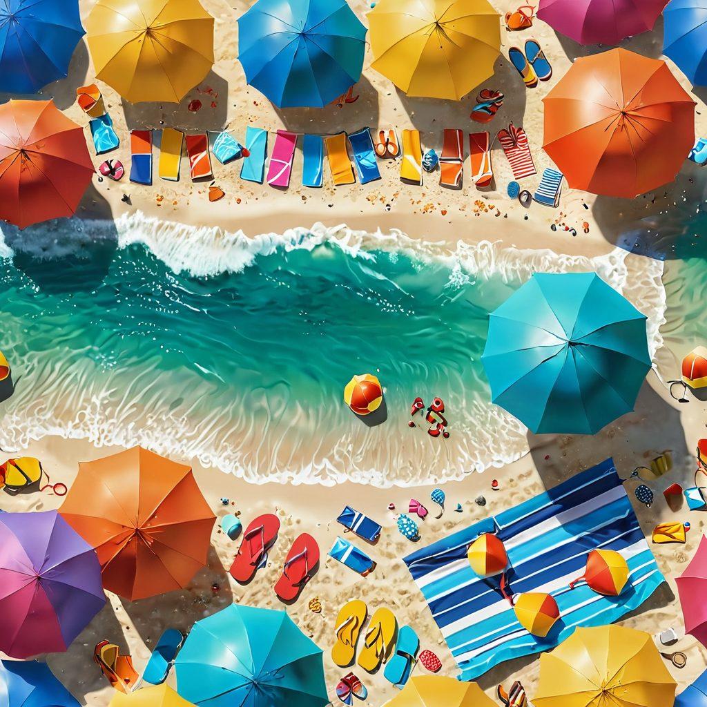 A vibrant beach scene featuring a diverse group of people enjoying the sun in stylish bikinis and swim trunks. Include colorful beach umbrellas, a sparkling ocean in the background, and a playful game of beach volleyball happening nearby. Brightly colored beach towels scattered on the sand, and playful waves crashing gently. Super-realistic. Vibrant colors. 3D.